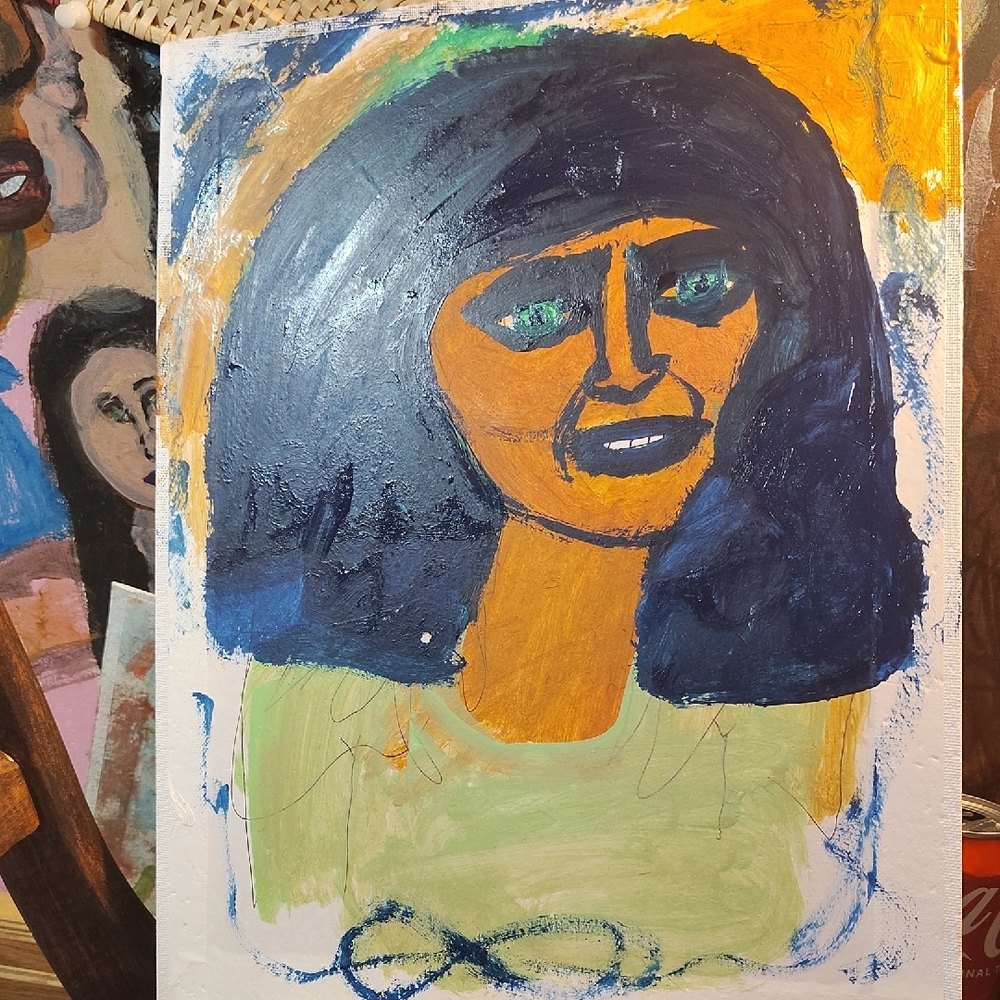 Abstract Portrait Painting with Blue and Orange Tones